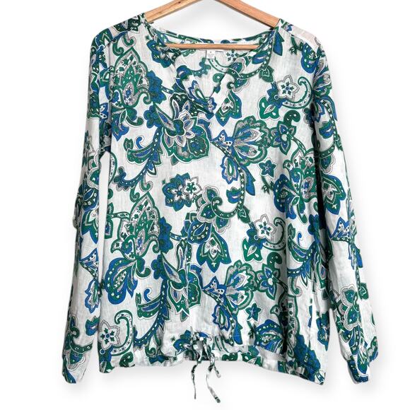 Charter Club 100% Linen Blue Green White V Neck Drawstring Hem Blouse Women's M - Picture 1 of 8